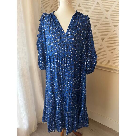 ULLA JOHNSON Women’s Size 2 Silk Blue & Multicolour Floral Ruffled Midi Dress - Picture 3 of 10